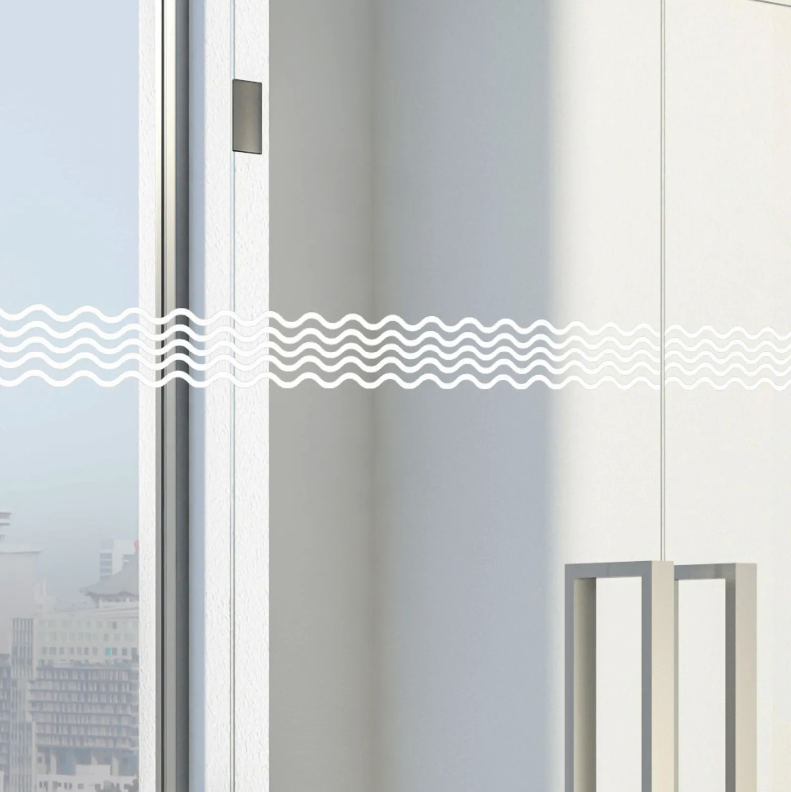 Simulation : porte vitrée à poignées verticales traversée d’une fine ligne en zigzag