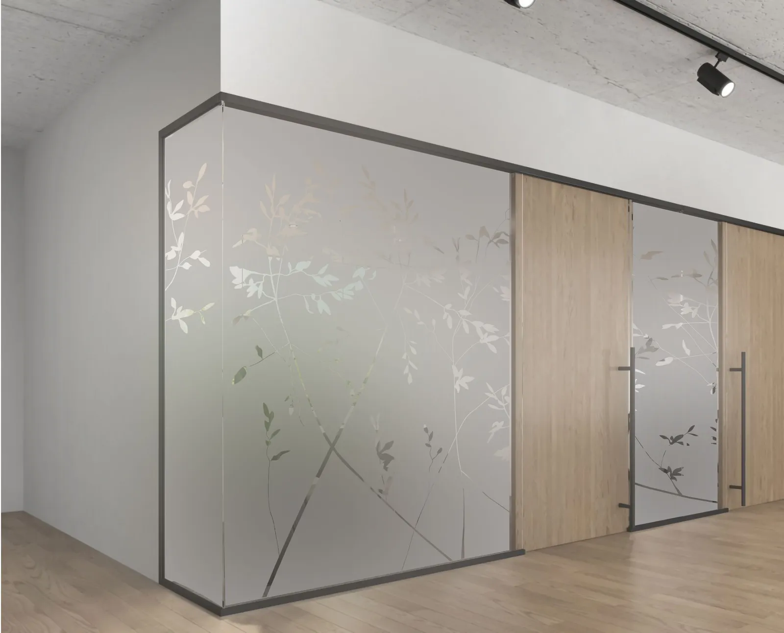Simulation : salle vitrée d’angle entièrement dépolie, avec un feuillage découpé en transparence