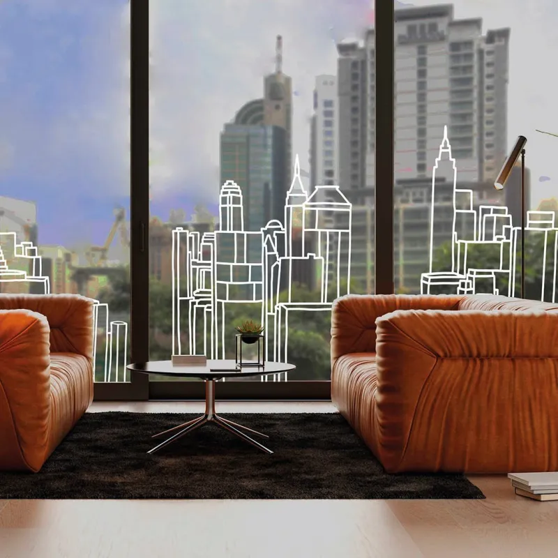 Simulation : baie vitrée d’un salon avec la skyline de New York dessinée en trait blanc