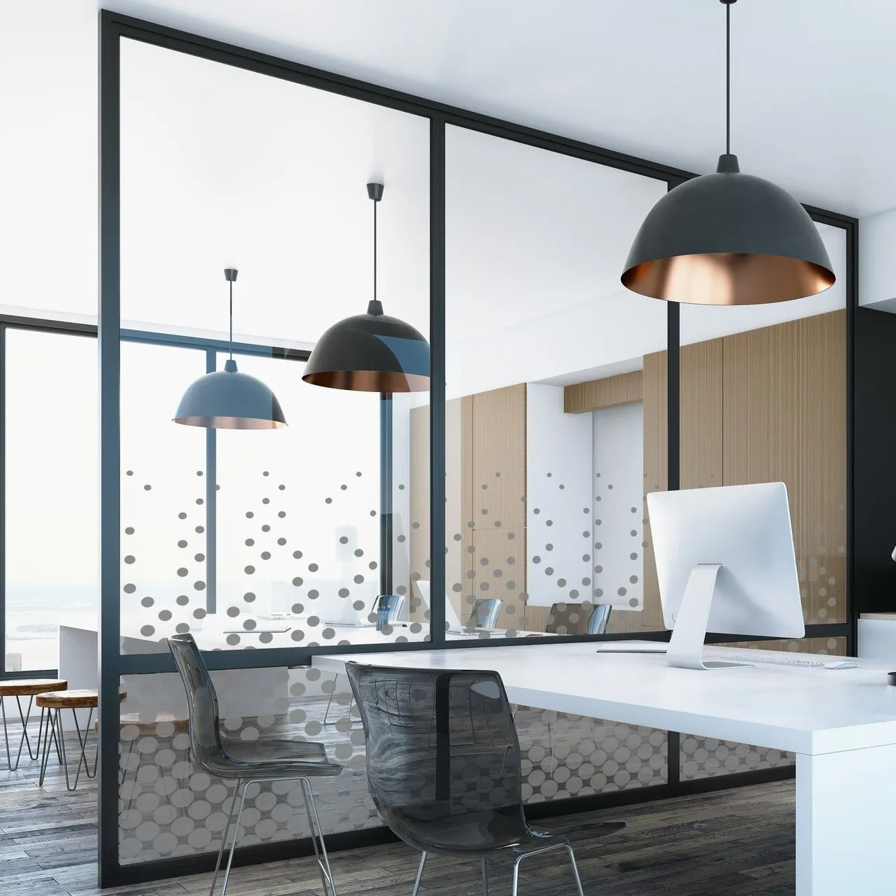 Simulation : cloison vitrée avec des points dépolis serrés en bas qui se dispersent vers le haut