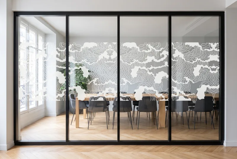 Simulation : vitrophanie Mer zen 02 en film blanc sur une salle de réunion haussmannienne, bande de 118 cm à l'échelle